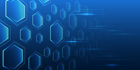 Geometric futuristic concept. Abstract technological background consisting of hexagons and glowing stripes on a blue background. Suitable for high-tech presentations and banners.のイラスト素材