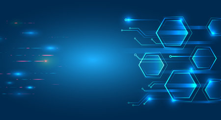 Geometric futuristic concept. Abstract technological background consisting of hexagons, circuit board and glowing stripes on blue background. Suitable for high-tech presentations and banners.のイラスト素材