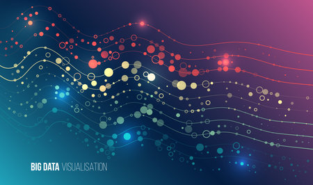 Abstract big data visualization with colored circles and wavy lines on gradient background. Modern design illustrating analysis and information flow. For technology presentations.のイラスト素材