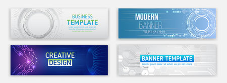 A collection of futuristic technology banners featuring abstract patterns, hexagons, circles, modern layouts. Perfect for business, digital marketing and technology presentations.のイラスト素材