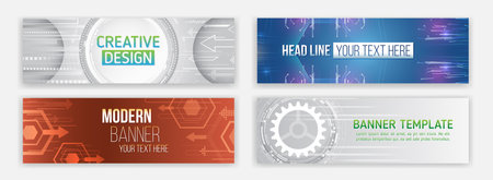 Set of modern technology banners with abstract digital designs in various colors. Perfect for tech presentations, websites, advertisements, and business promotions.のイラスト素材