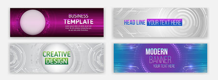 A collection of four futuristic digital banners with abstract tech elements, circular patterns, and editable text areas. Perfect for creative, business, or tech-related content.のイラスト素材