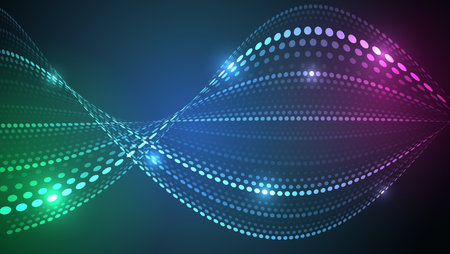 Modern blue hi-tech background with abstract wavy dots and glowing lines. Perfect for banners, web design, presentations and digital covers.のイラスト素材