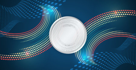 Colorful abstract tech background with a central circular interface and dynamic dotted wave patterns on a dark blue backdrop. Perfect for innovation, data, and technology themes.のイラスト素材