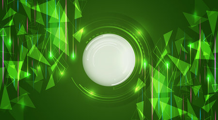 Futuristic green background with glowing geometric shapes and a circular interface. Perfect for sci-fi themes, technology designs, or high-tech digital presentations.のイラスト素材