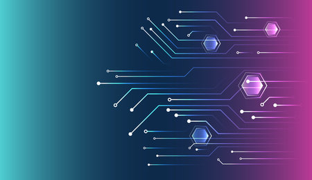 Geometric futuristic concept. Abstract technological background consisting of hexagons, circuit board and glowing stripes on blue background. Suitable for high-tech presentations and banners.のイラスト素材