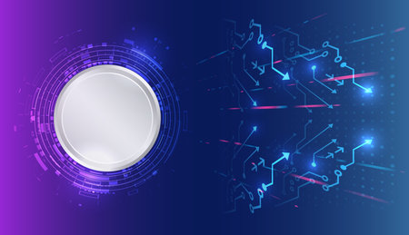 Modern tech violet-blue background with a round interface and arrows reminiscent of schemes. Ideal for digital banners, innovative tech presentations.のイラスト素材