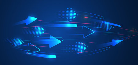 Futuristic background with horizontal arrows and digital elements symbolizing growth, development and technology. Ideal for business presentations, banners and IT design.のイラスト素材