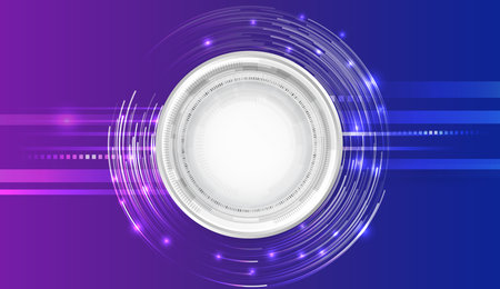 Wide Blue background with various technological elements. Abstract circle technology communication, vector illustration. Futuristic design for presentation. Hi-tech computer digital technology concept.のイラスト素材