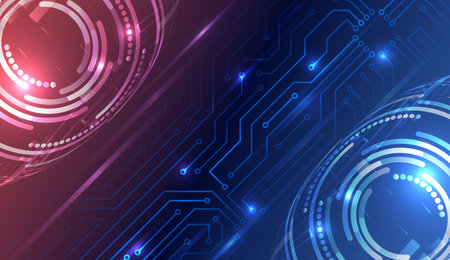 Futuristic technology background with a round digital panel and light stripes on a blue background. Ideal for high technology, innovation and digital solutions. Cybersecurity presentationsのイラスト素材