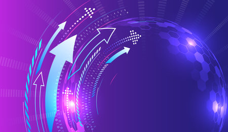 Digital internet connection on blue background. Wide concept of internet and network cybersecurity. High-tech vector with arrows and various technological elements. Abstract global sci-fi concept.のイラスト素材
