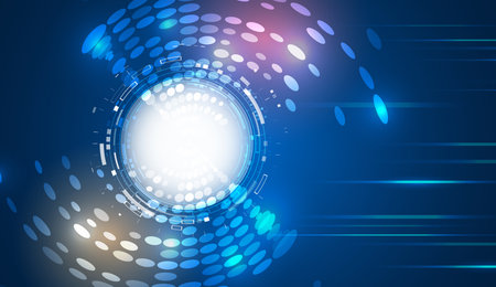 Futuristic background in blue tones with round elements and technological details. Ideal for high technologies, digital interfaces and innovations. Hi-tech presentationsのイラスト素材