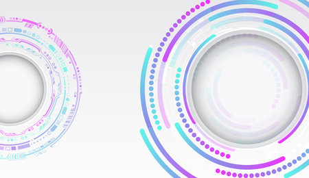 Sci-fi gray background with various technology elements. Science concept, circles with shadows and lines. Abstract hi tech communication for presentation or banner.のイラスト素材