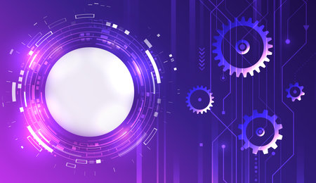 This futuristic design symbolizes automation, innovation, engineering and industrial technology. Abstract technology background with gears and mechanical elements on a blue gradient background.のイラスト素材