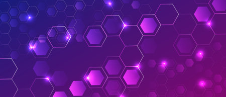 Abstract futuristic background with glowing purple hexagons and digital connections, symbolizing modern technology, innovation, and network communication. Medical science technology concept.のイラスト素材