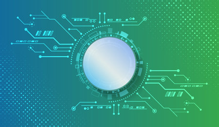 Technological green background with digital circuits, glowing circle and gradient design. Ideal for innovative, scientific, medical and high-tech projects.のイラスト素材