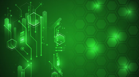 Geometrical digital background with glowing hexagons, circuit lines, and high tech elements. Ideal for technology, automation, and innovation themes. For science, medical presentation.のイラスト素材