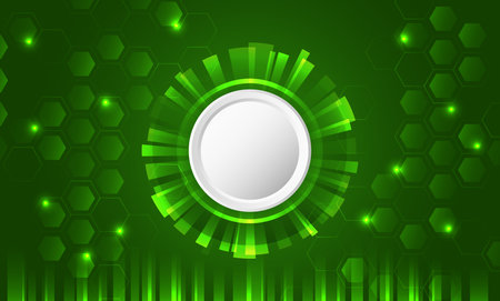 Abstract green technology background with glowing hexagons, circular frame, and digital light effects. Futuristic tech design for innovation, science, and modern presentations.のイラスト素材
