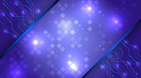 Futuristic blue technology background with glowing squares, digital circuit lines, and abstract light effects. Modern tech design for innovation and data themes.のイラスト素材