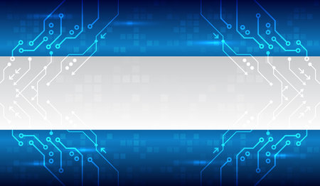 Futuristic technology background with blue digital circuit lines and glowing effects. Modern abstract design template for innovation, hi-tech, or data communication concepts. For science presentationのイラスト素材