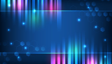 Futuristic blue background with glowing lines, hexagons, and light effects. Abstract technology design for digital interfaces, innovation, and modern presentations.のイラスト素材
