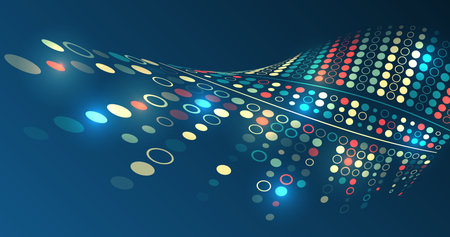 Abstract wave of colorful glowing circles on a dark blue background. Futuristic digital flow concept for technology, data visualization, and modern design.のイラスト素材
