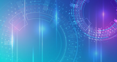 Futuristic blue and purple technology background with glowing digital circles and geometric shapes. Ideal for innovation, AI, science, or high-tech presentationsのイラスト素材