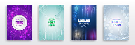 Futuristic covers in purple, blue, and cyan tones for technology and business design. Set of modern high-tech brochure templates with abstract circuit lines, hexagons, and dotted patterns.のイラスト素材