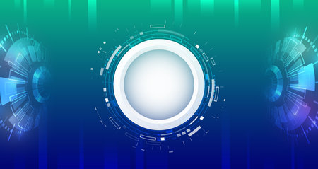 A futuristic technological background with a circular digital interface in blue and green tones. A modern abstract design for data transfer and innovation, science, and high technology.のイラスト素材