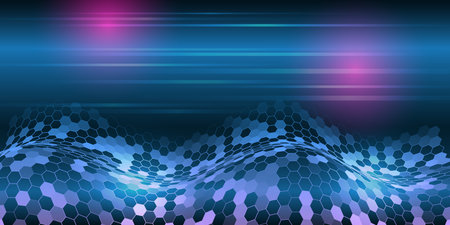 Abstract futuristic background with glowing hexagonal grid, blue and purple gradient light effects. Modern digital technology concept for data, and innovation design.のイラスト素材