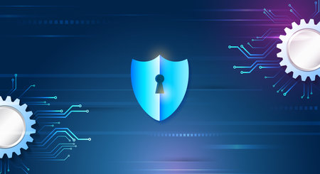 Modern cybersecurity background with a glowing shield and circuit-gear elements. Perfect for concepts of data protection, secure systems, and digital network security.のイラスト素材