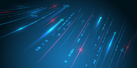 A futuristic background with vertical arrows and digital elements symbolizing growth, development, and technology. Ideal for business presentations, banners, and IT design.のイラスト素材