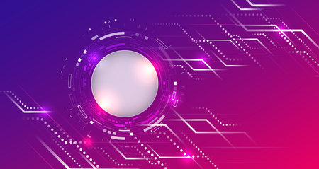 Vibrant futuristic tech background with glowing circular interface and geometric digital lines in pink and purple tones. Ideal for innovation, technology, and modern digital themes.のイラスト素材