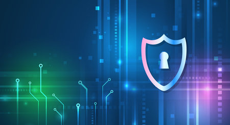 Futuristic cybersecurity background with a glowing shield and keyhole symbol, digital circuits, and neon tech lines. Ideal for data protection and network security themes.のイラスト素材