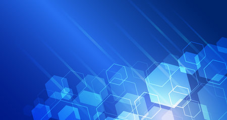 Abstract blue technology background with transparent hexagons and diagonal light streaks. Modern digital design perfect for presentations, innovation, or tech concepts.のイラスト素材