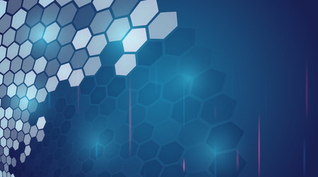 Futuristic blue technology background with glowing hexagonal grid pattern and light effects. Modern tech design symbolizing innovation, data, and digital connection.のイラスト素材