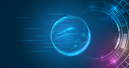 Futuristic glowing sphere with digital lines, hexagons, and tech HUD elements on a dark blue background, symbolizing innovation, data flow, and high-tech connectivity.のイラスト素材