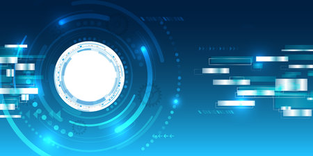 Futuristic blue technology background with circular digital interface and abstract glowing elements. Modern design for innovation, data, and high-tech concepts.のイラスト素材