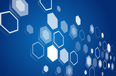 Abstract blue technology background with floating hexagonal shapes. Modern geometric design symbolizing innovation, digital structure, and futuristic tech concepts.のイラスト素材