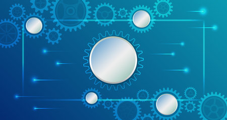 Dynamic lines and light effects create a sense of motion and digital workflow. Futuristic blue background with interconnected glowing gears symbolizing technology, mechanics, and innovation.のイラスト素材