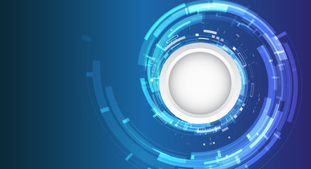 Futuristic circular tech interface with glowing blue digital rings and a central blank space. Modern design symbolizing data processing, innovation, and high-tech systems.のイラスト素材