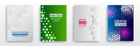 A set of modern high-tech brochure covers featuring circuits, hexagons, gears, and glowing digital elements, designed in green, blue, and gray tones for futuristic presentations.のイラスト素材