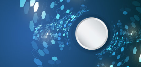 Futuristic blue background with flowing hexagonal patterns and a central circular frame, creating a modern tech-inspired digital design.のイラスト素材