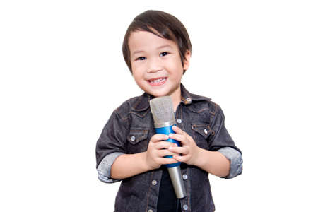 cute asian kid singing on isolated white backgroundの写真素材
