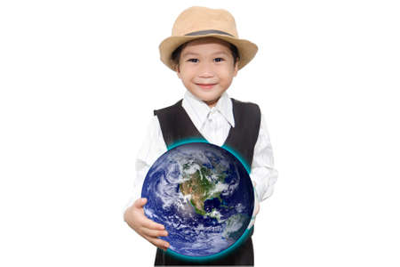 asian boy with earthの写真素材