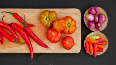 Indonesian chili sauce ingredients isolated on black background. Red chili, shallot, hillbilly tomato, red hot chili pepper.の写真素材