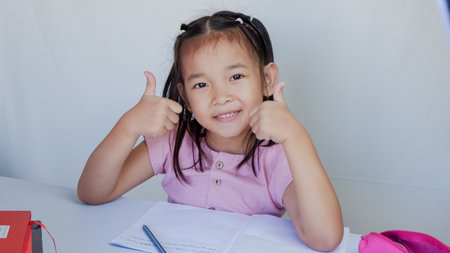 cute asian schoolgirl smiling and ready for study, back to school concept..の写真素材