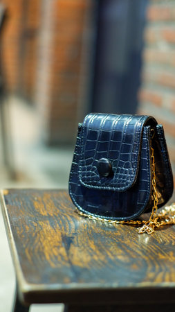 small stylish women's leather handbags.Top view. Several different bags on the retro wooden backgroundの写真素材