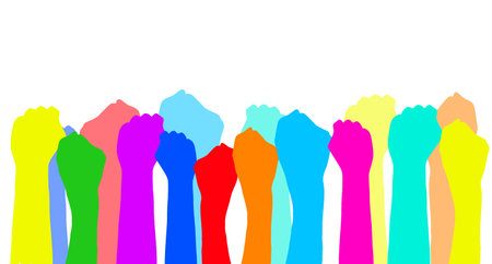 Colorful handheld raised hands group art therapy illustration. Hands in paint of rainbow colors raised up art, party, joy and fun, friendship or diversity symbols.の写真素材