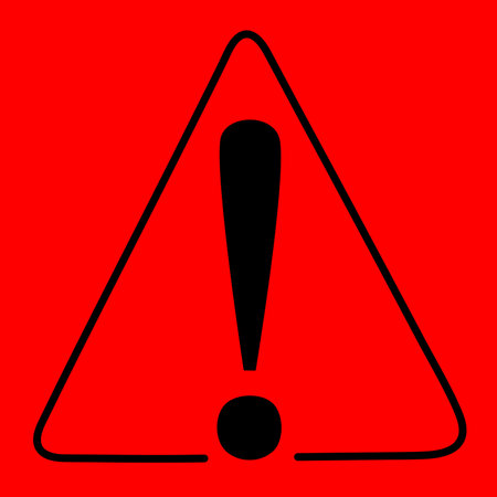 Cartoon illustration of red triangle warning sign. Flat vector forbidden warning message in doodle. Exclamation mark. Access denied.のイラスト素材
